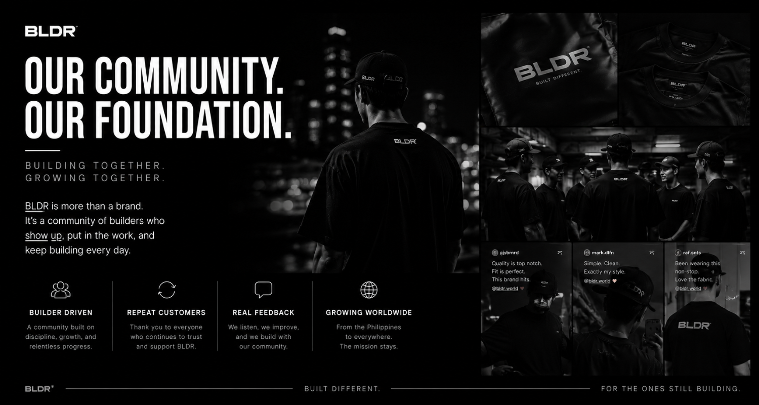 Black and white image with text 'BLDR' and 'Our Community. Our Foundation.'