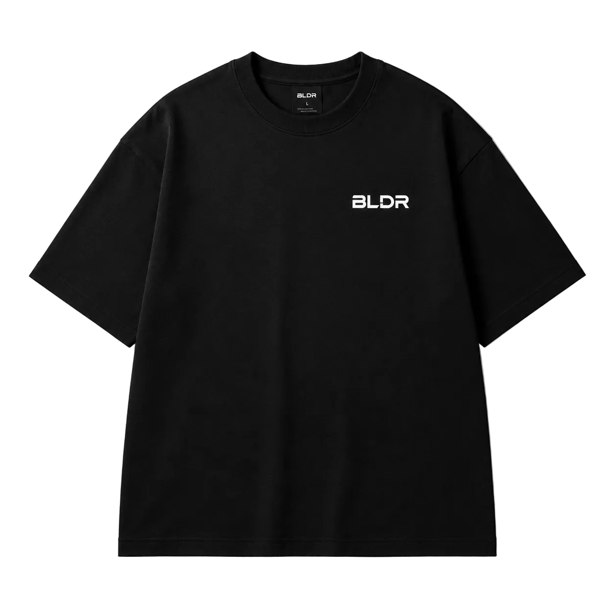 Black t-shirt with 'BLDR' logo on a white background