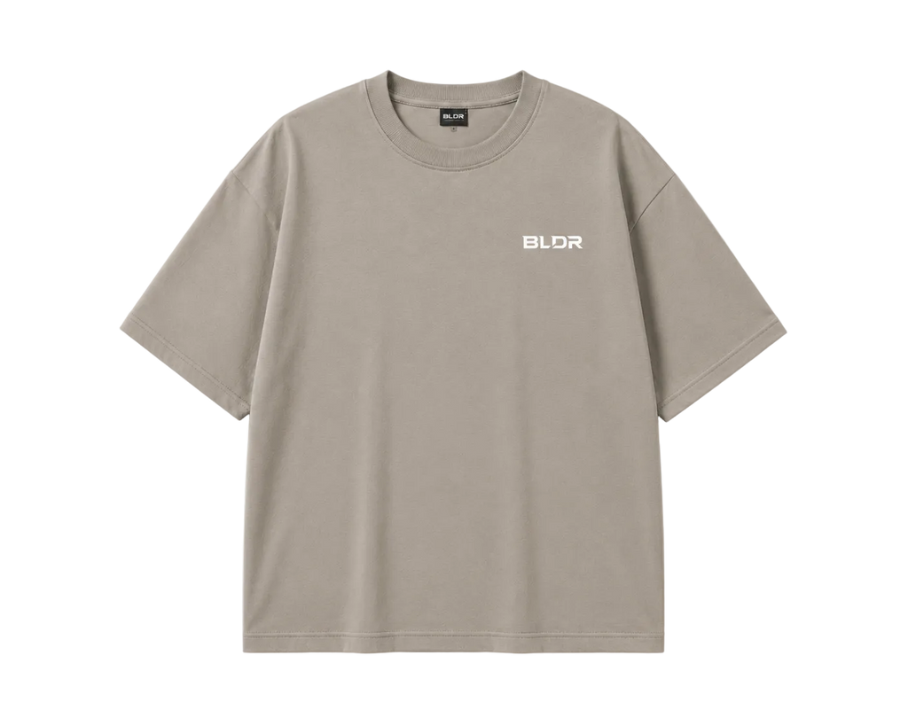 Beige t-shirt with 'BLDR' logo on a white background