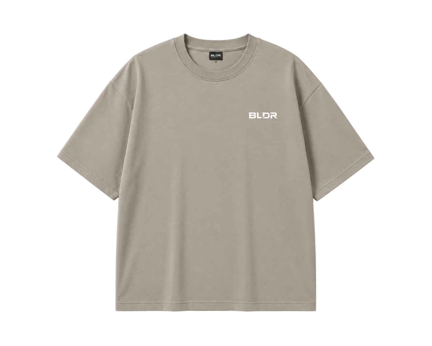 Beige t-shirt with 'BLDR' logo on a white background