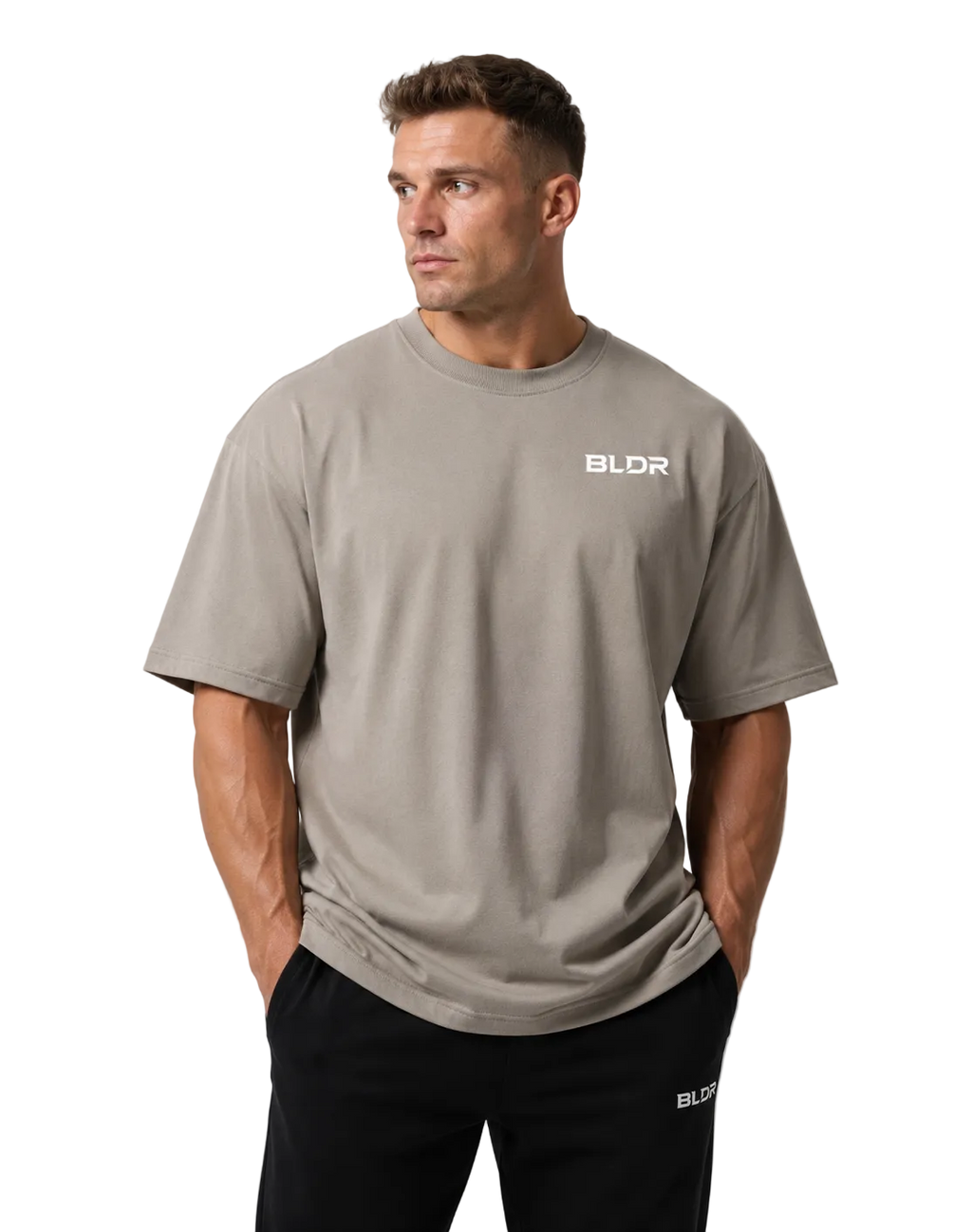Man wearing a beige t-shirt with 'BLDR' logo on a light gray background