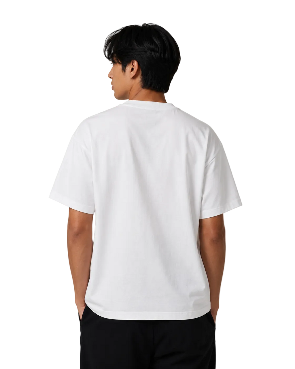 Person wearing a white t-shirt on a beige background