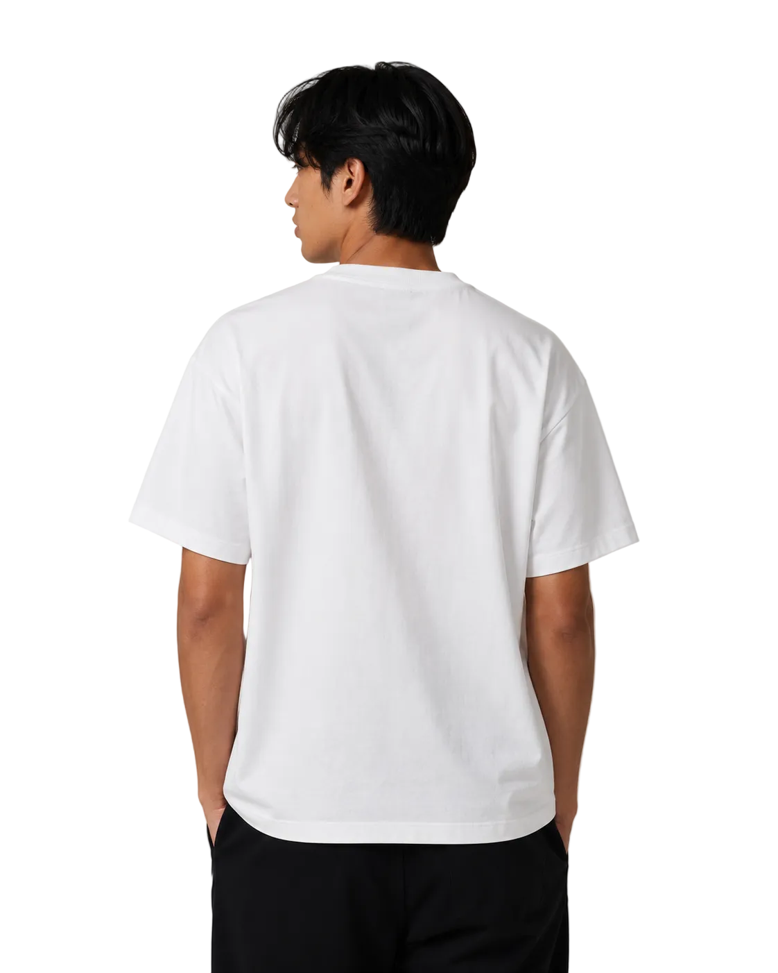 Person wearing a white t-shirt on a beige background