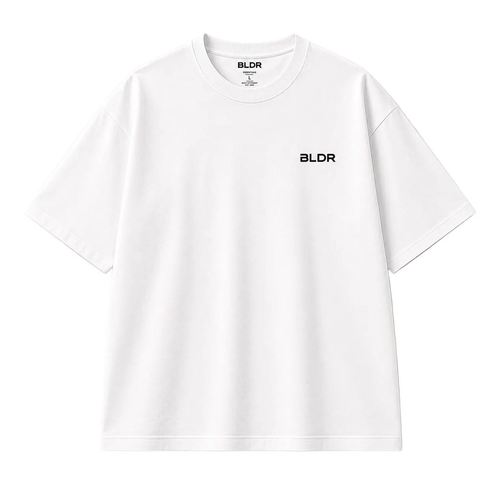 White t-shirt with 'BLDR' logo on a beige background