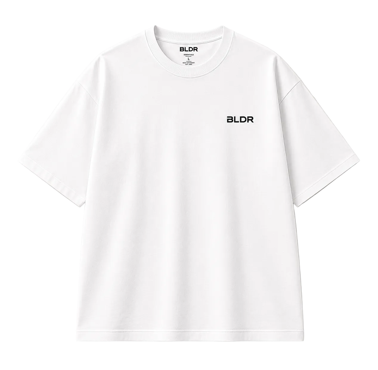 White t-shirt with 'BLDR' logo on a beige background