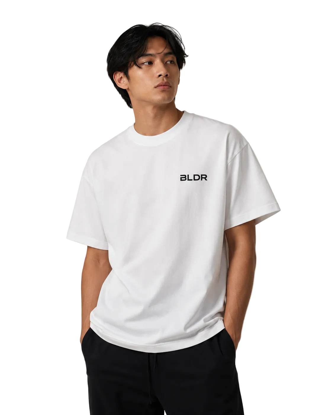 Person wearing a white t-shirt with 'BLDR' logo on a beige background