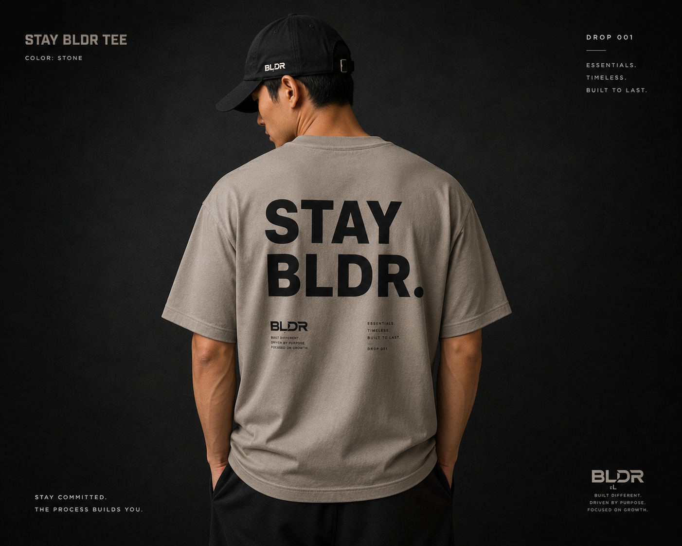 Person wearing a gray 'STAY BLDR' t-shirt with branding on a dark background