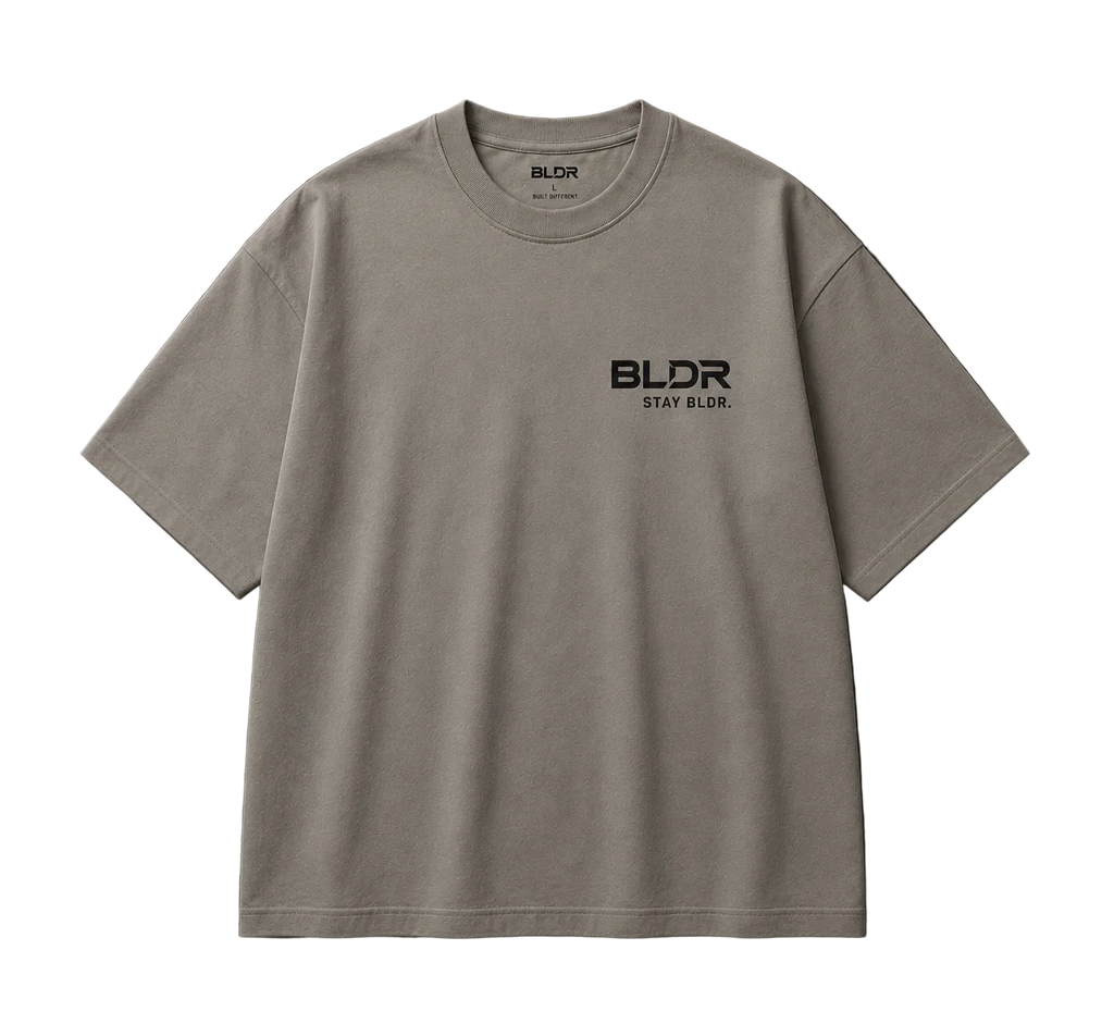 Beige t-shirt with 'BLDR' logo on a gray background