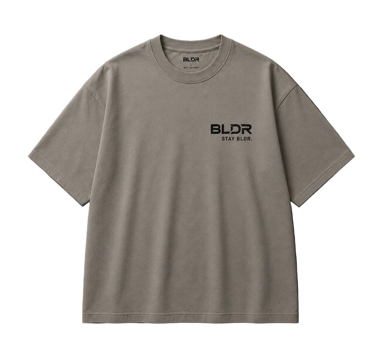 Beige t-shirt with 'BLDR' logo on a gray background