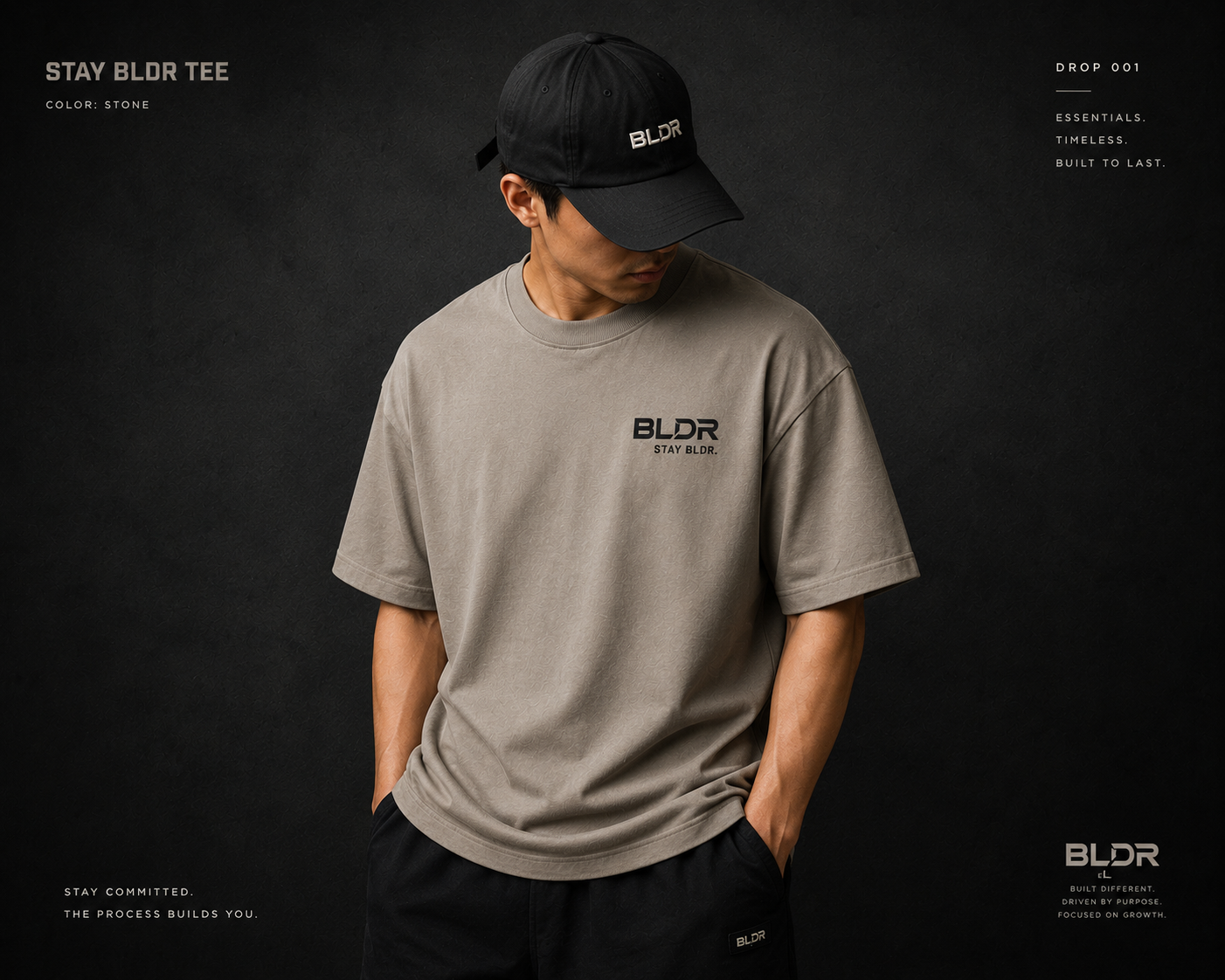 Person wearing a gray t-shirt and black cap with 'BLDR' branding on a dark background