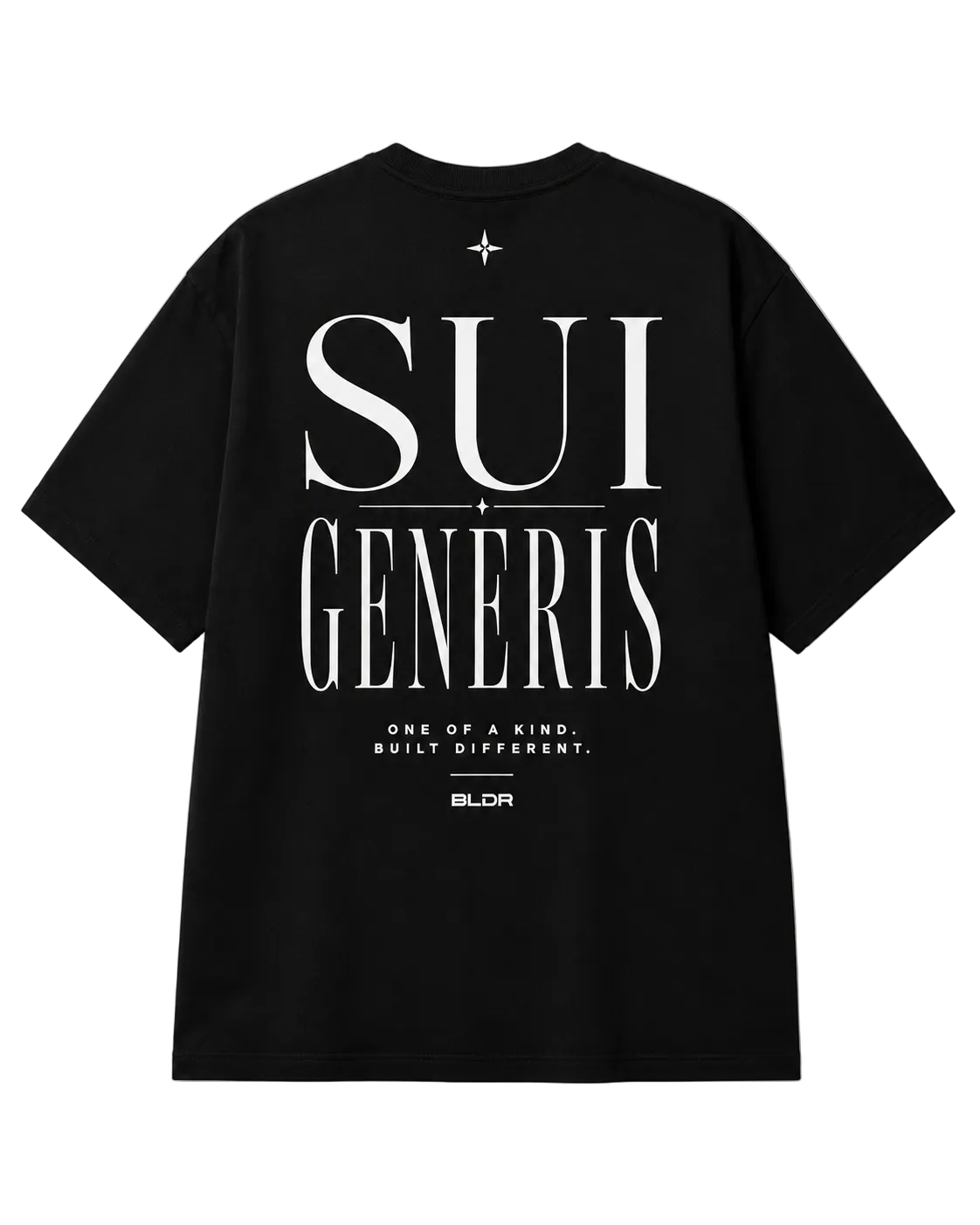 Black t-shirt with 'SUI GENERIS' text on a white background