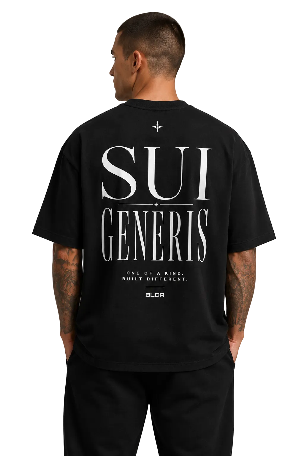 Person wearing a black t-shirt with 'SUI GENERIS' text on the back against a plain background