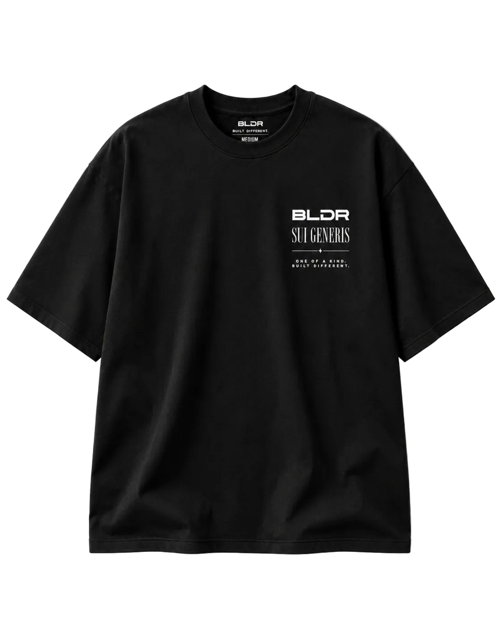 Black t-shirt with white text on a light gray background