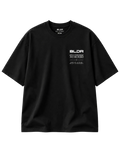 Black t-shirt with white text on a light gray background