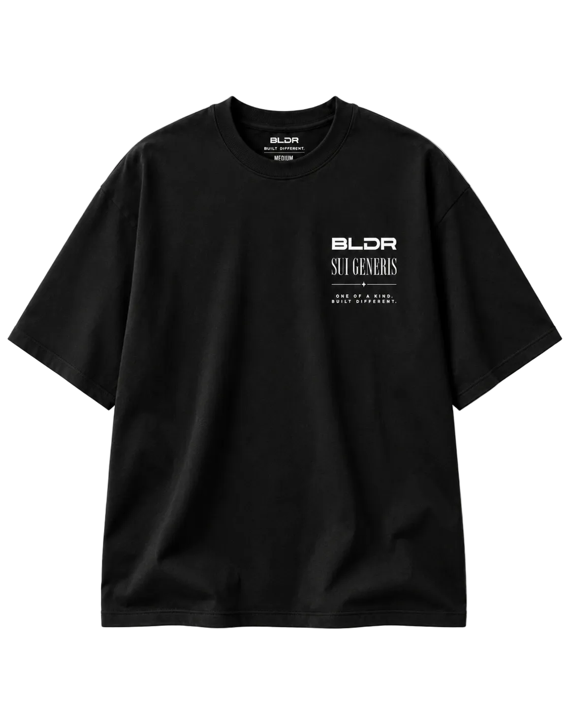 Black t-shirt with white text on a light gray background