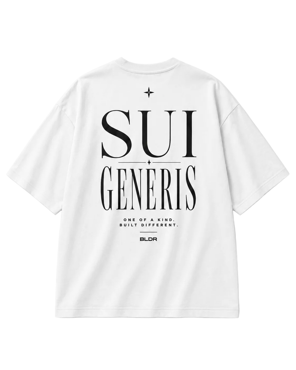White t-shirt with black text on a white background