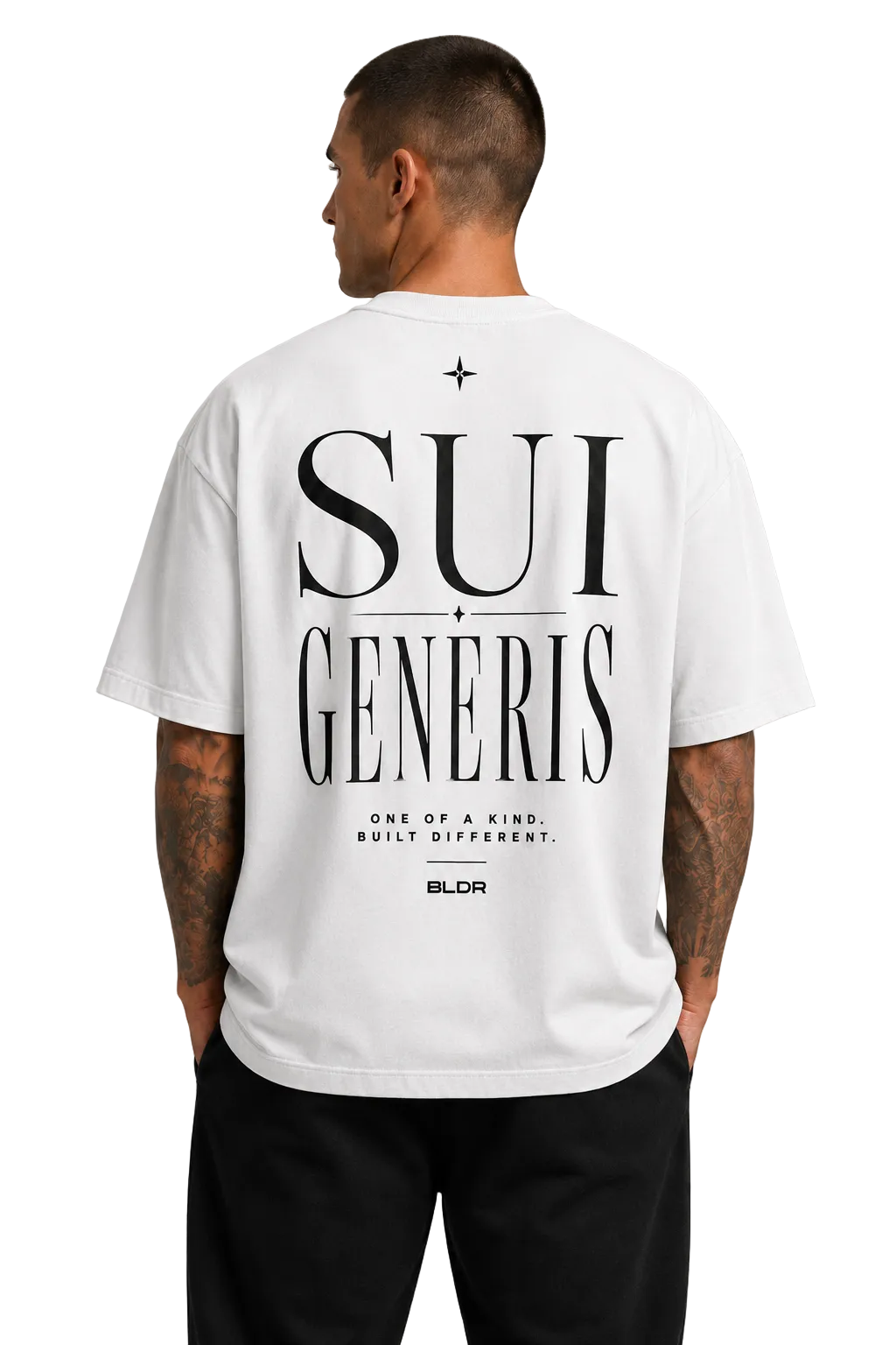 Person wearing a white t-shirt with 'SUI GENERIS' text on the back, standing against a gray background.