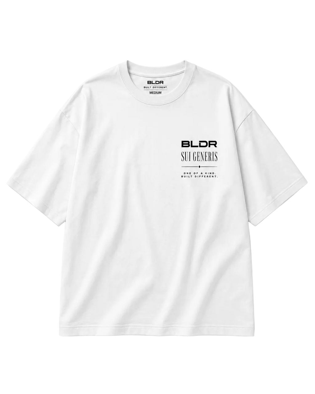 White t-shirt with black text on a white background