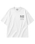White t-shirt with black text on a white background