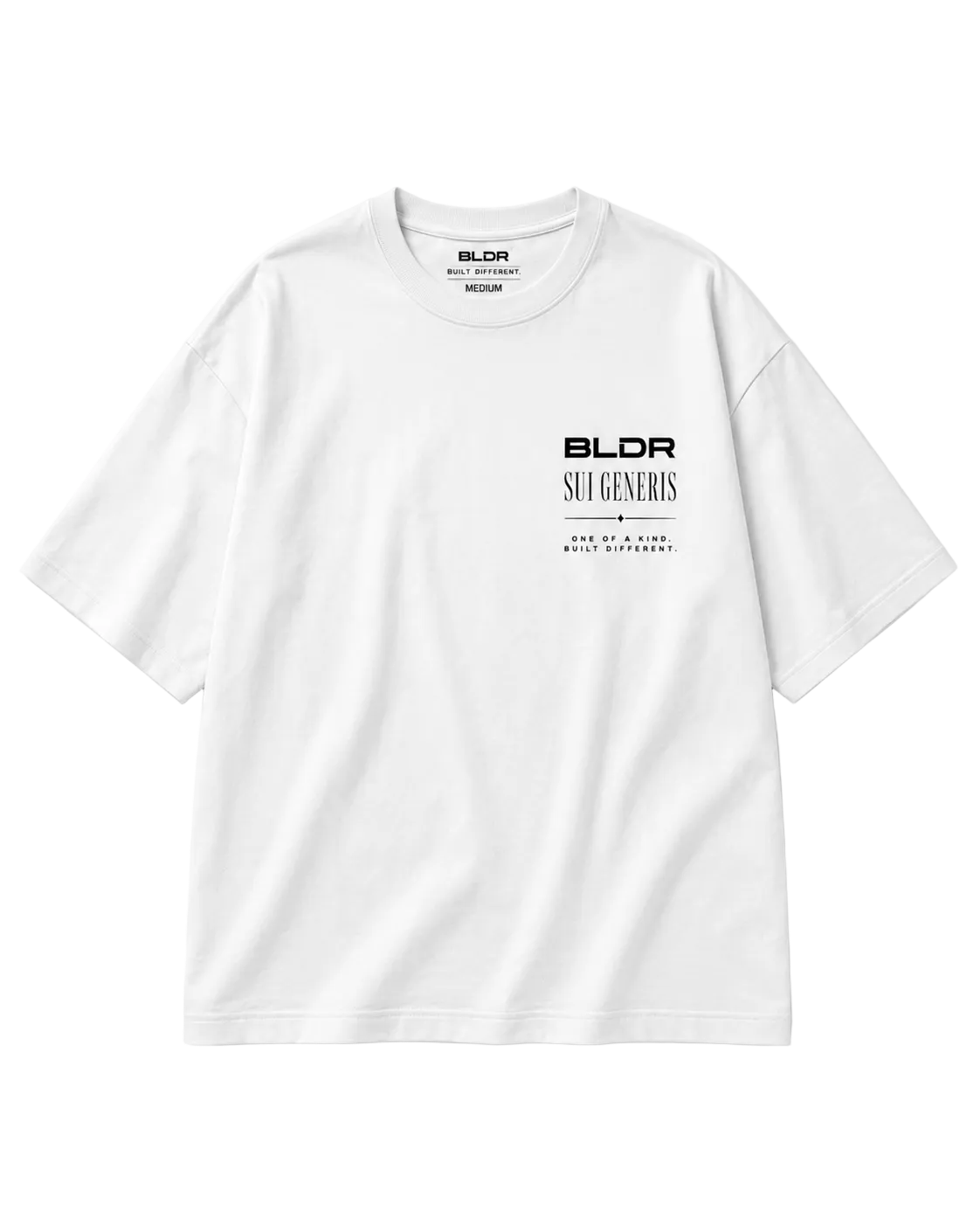 White t-shirt with black text on a white background