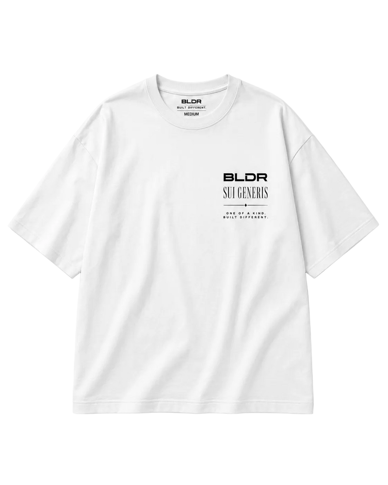 White t-shirt with black text on a white background