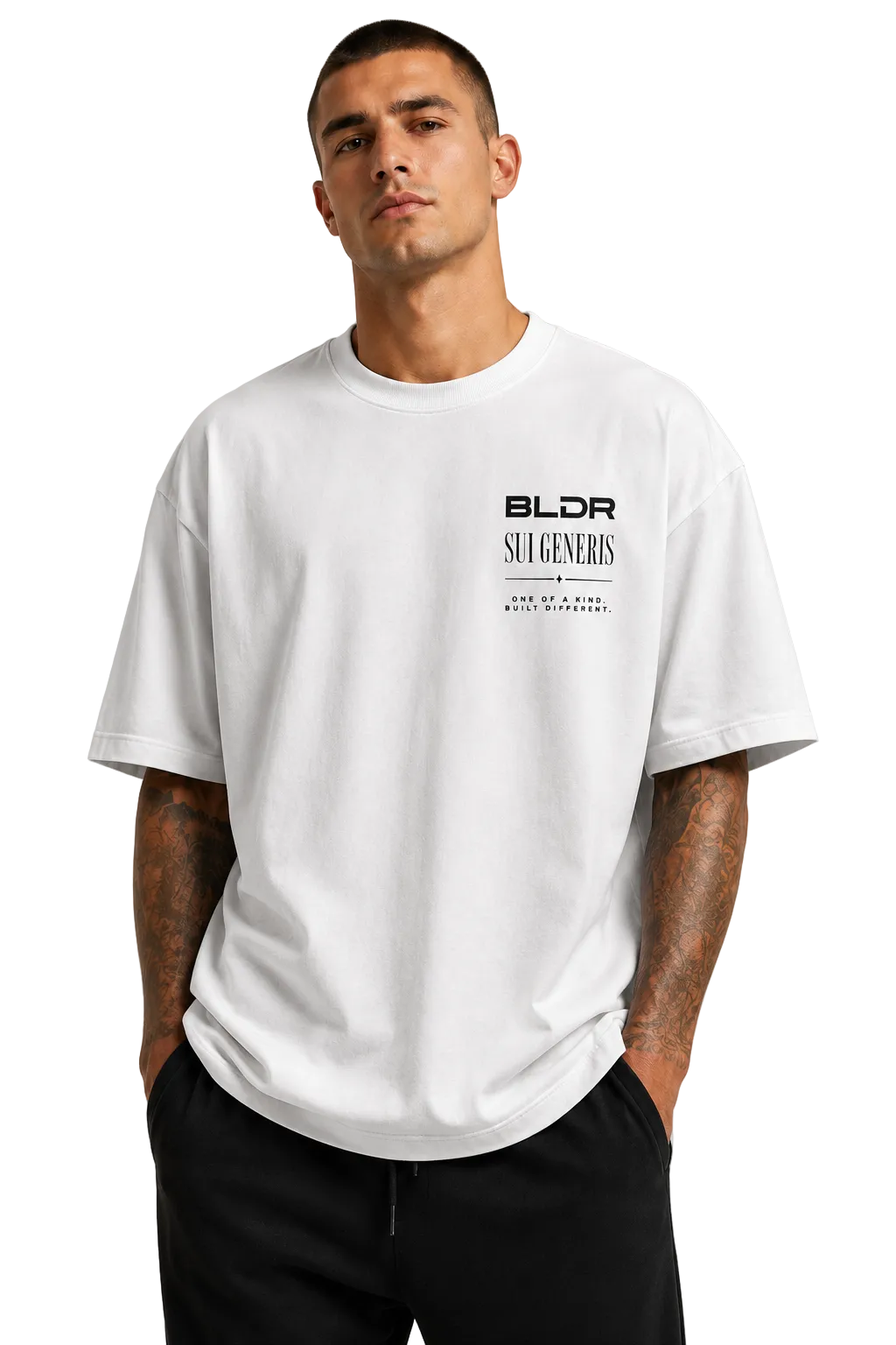Man wearing a white t-shirt with branding on a white background