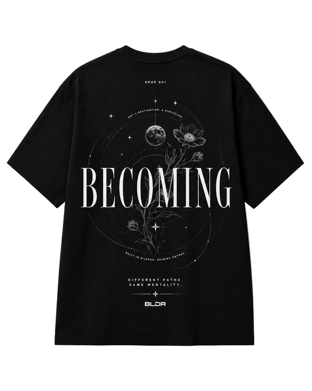Black t-shirt with 'BECOMING' text and floral design on a white background
