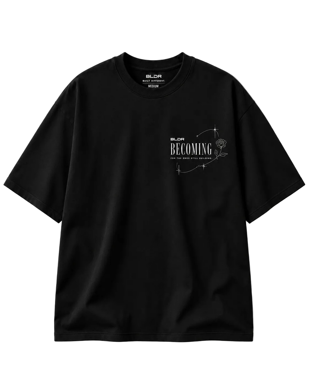 Black t-shirt with white text and design on a light gray background