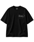 Black t-shirt with white text and design on a light gray background