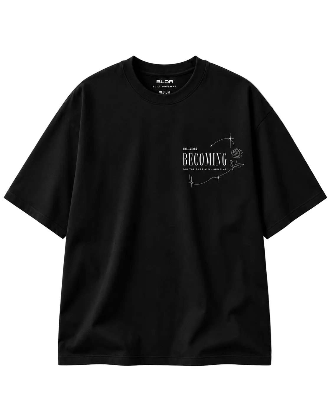 Black t-shirt with white text and design on a light gray background
