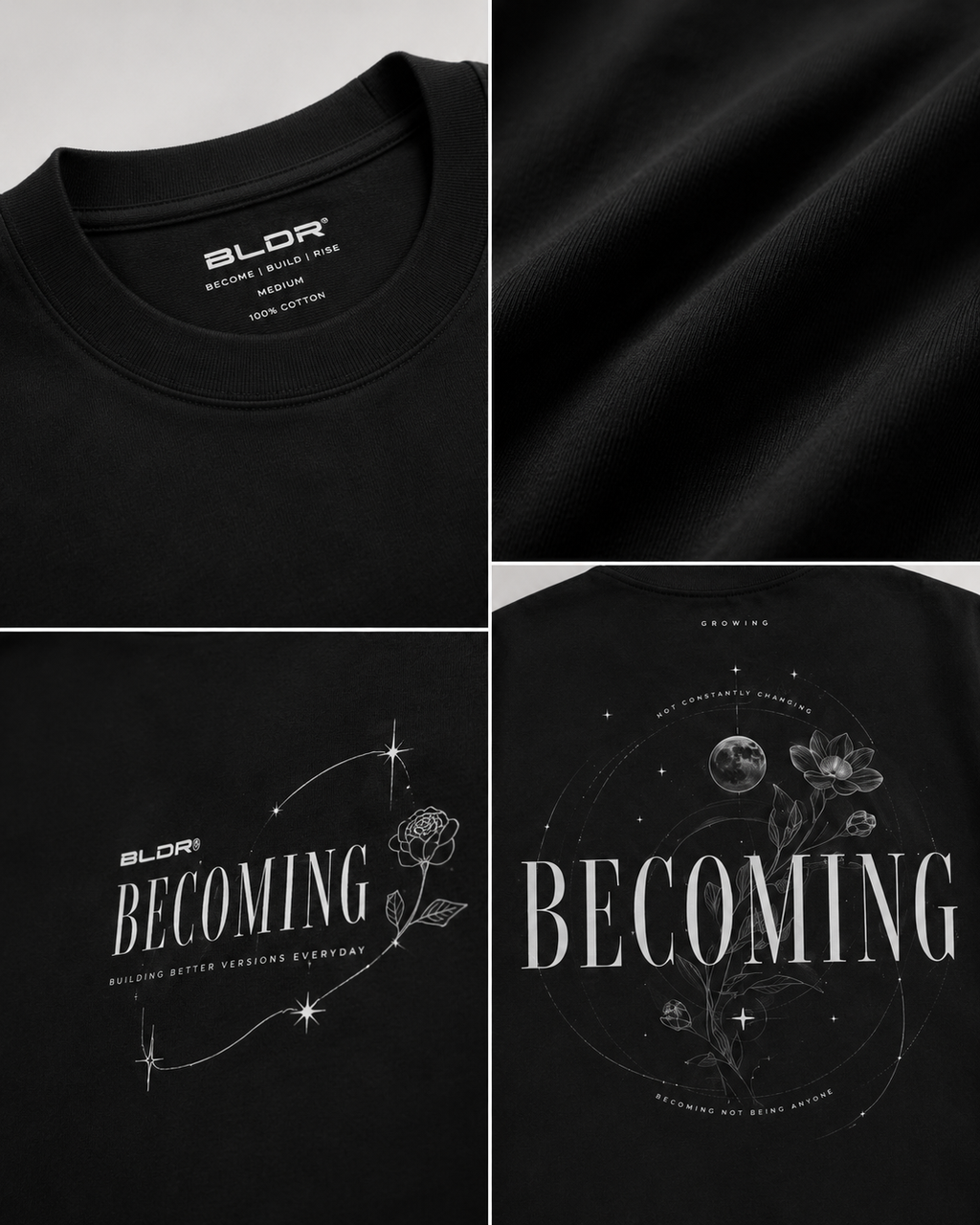 Black t-shirt with 'Becoming' design and BLDR branding, shown from different angles.