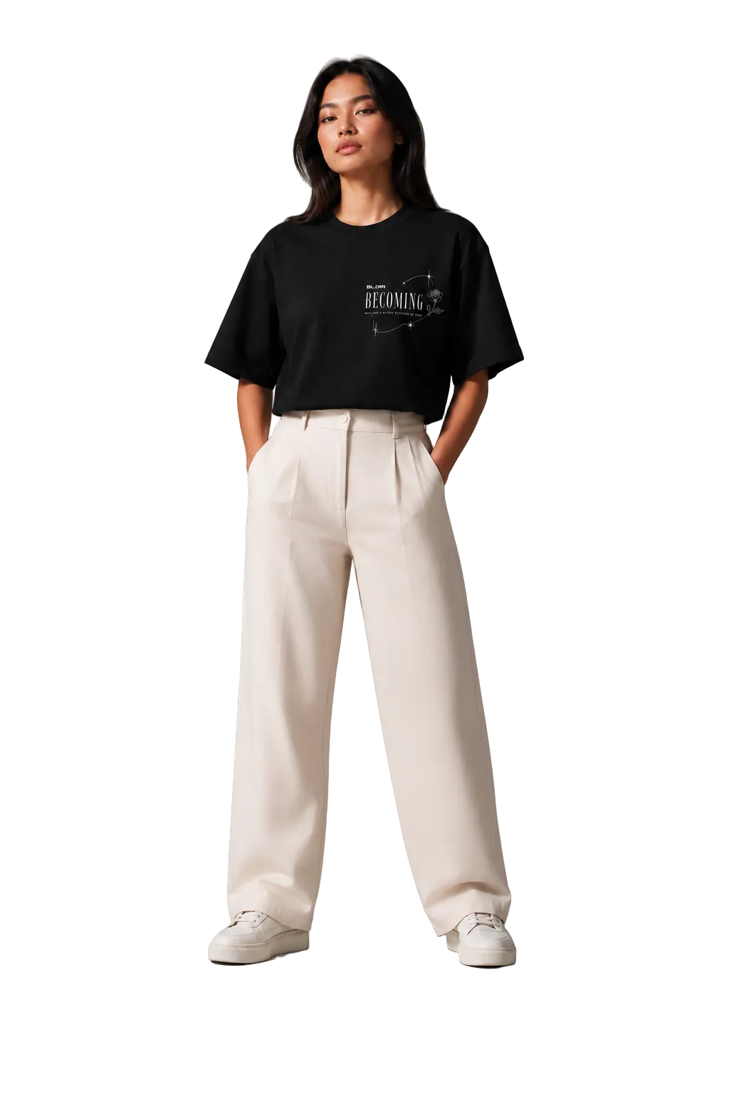 Woman wearing a black t-shirt and white pants on a gray background