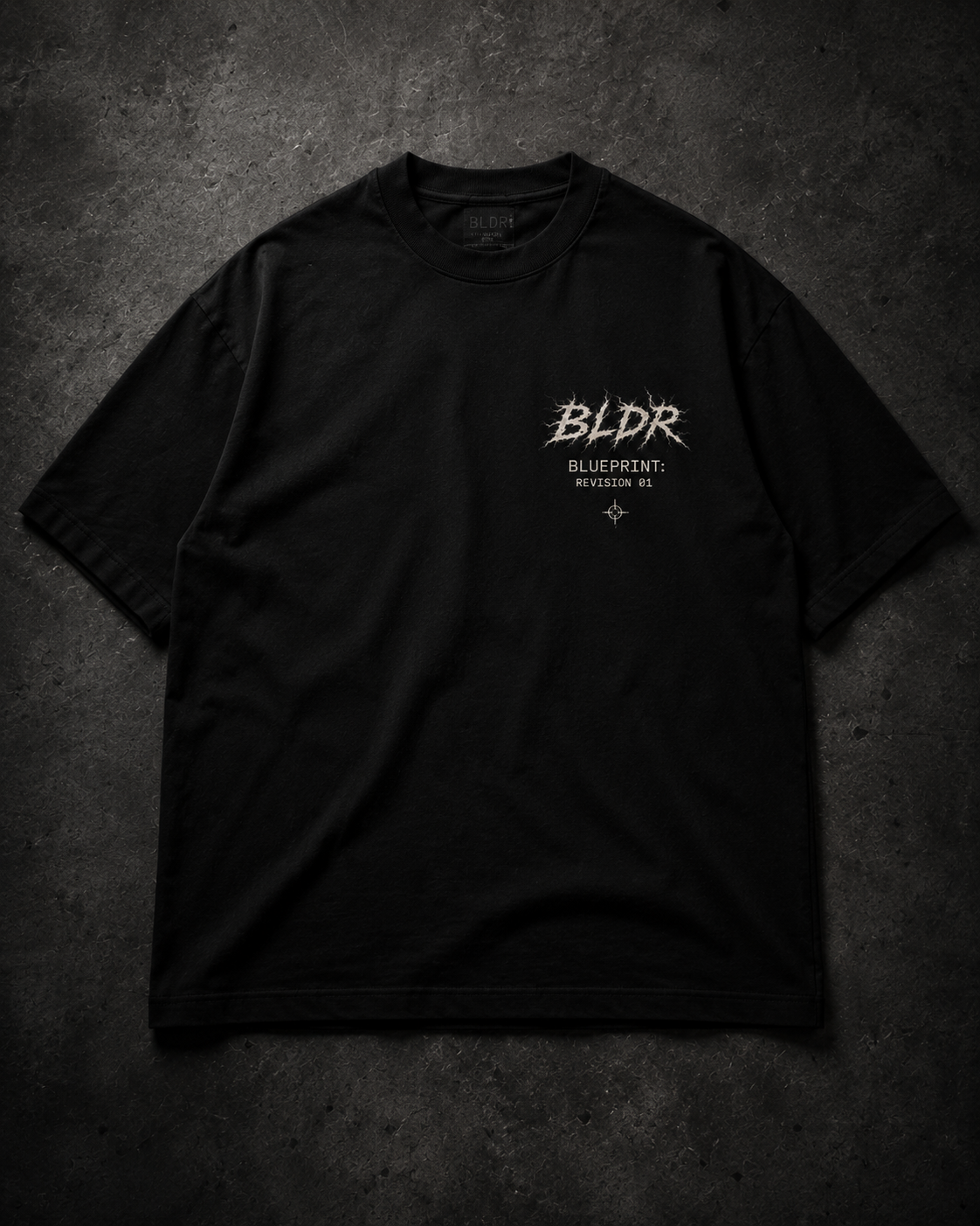 Black t-shirt with 'Bldr' logo on a dark textured background