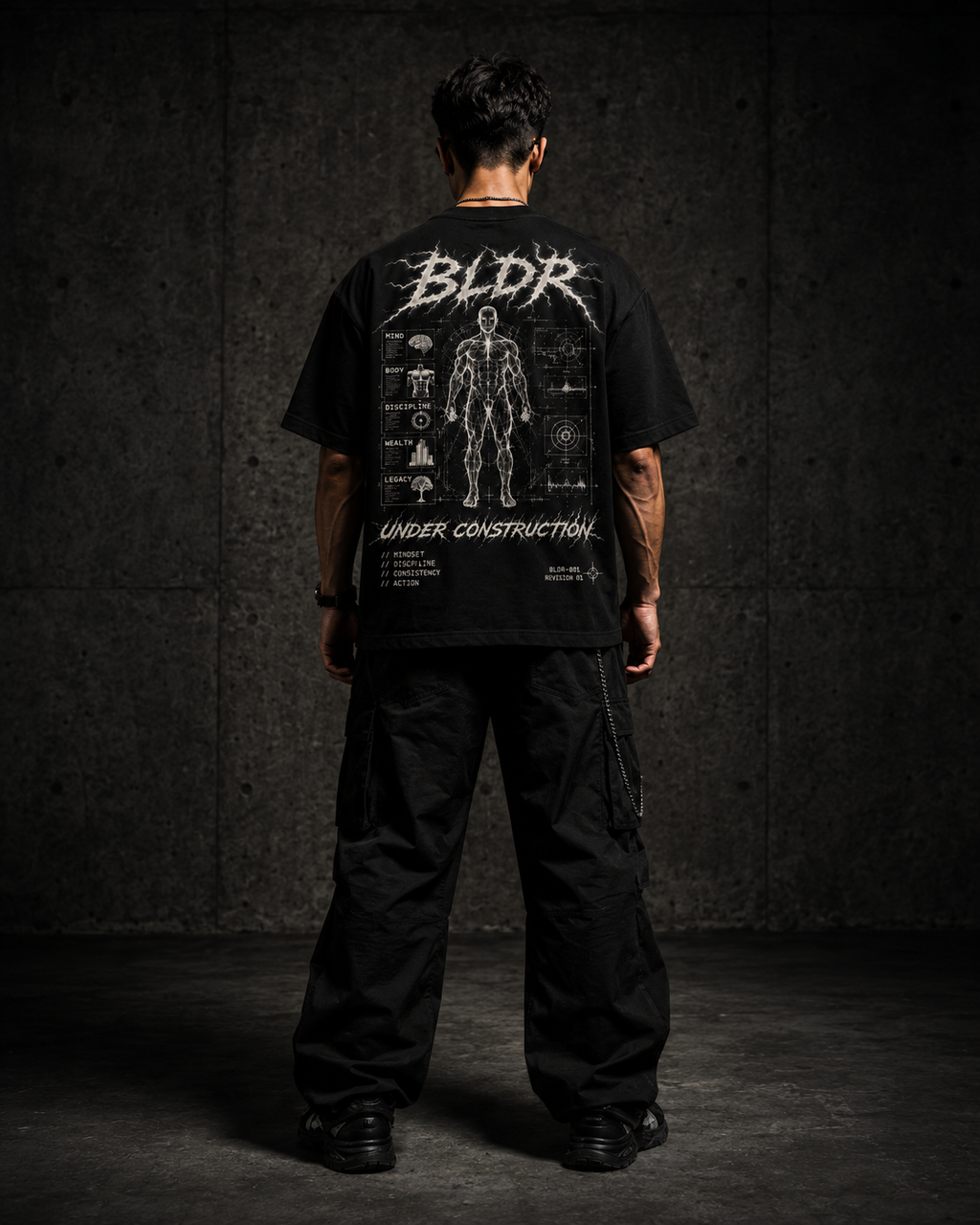 Person wearing a black t-shirt with 'BLDR' design on the back against a dark background