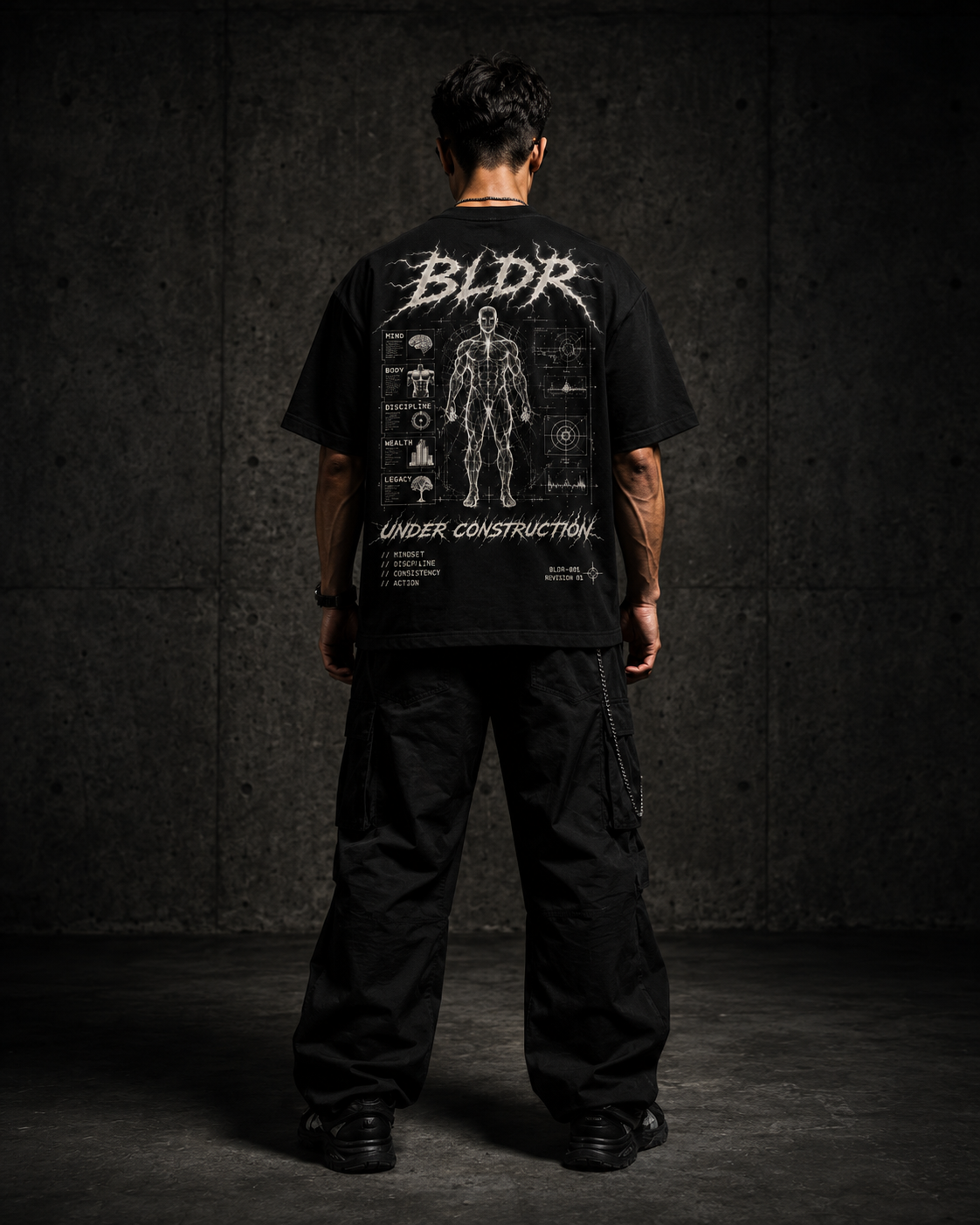 Person wearing a black t-shirt with 'BLDR' design on the back against a dark background