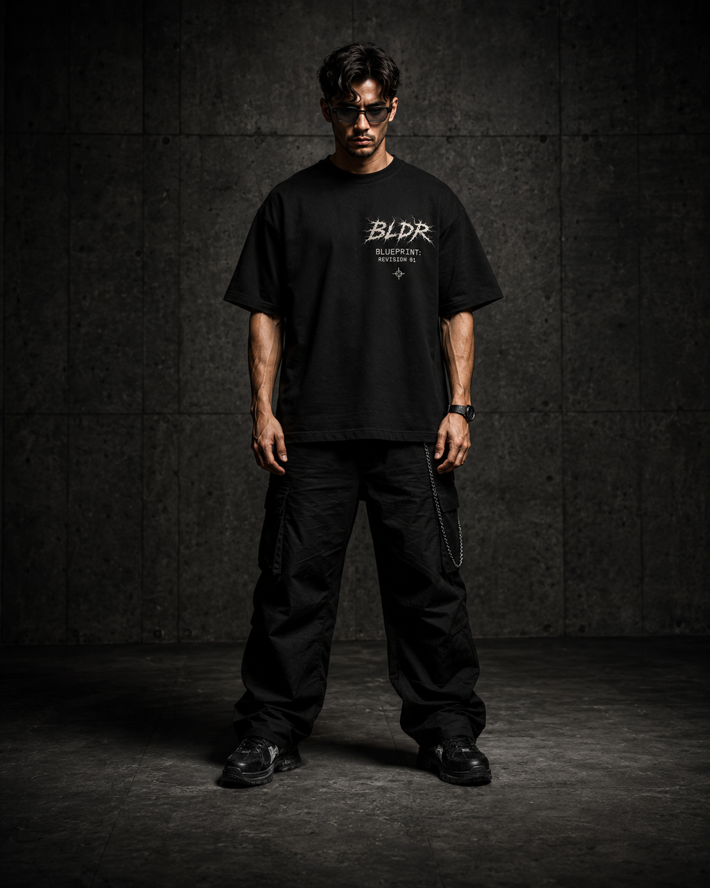 Person wearing a black t-shirt with 'BLDR' logo against a dark background