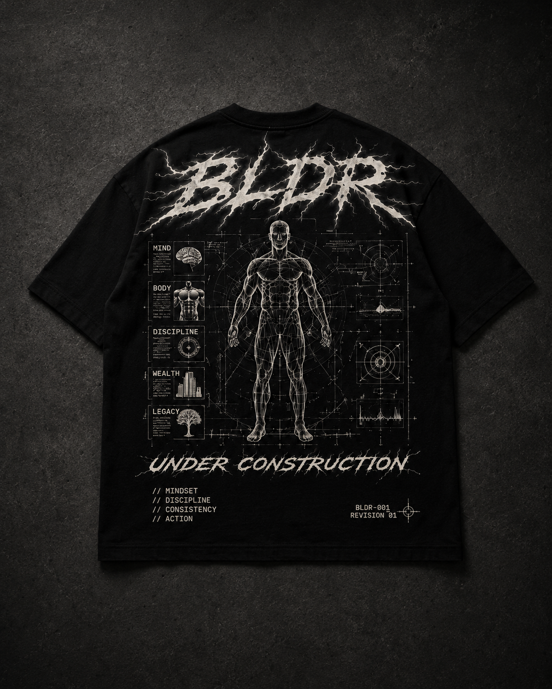 Black t-shirt with white graphic design on a dark background