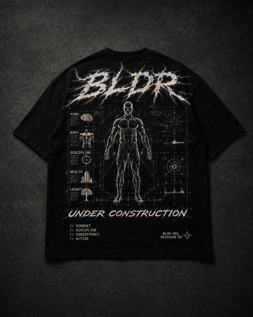 Black t-shirt with white graphic design on a dark background