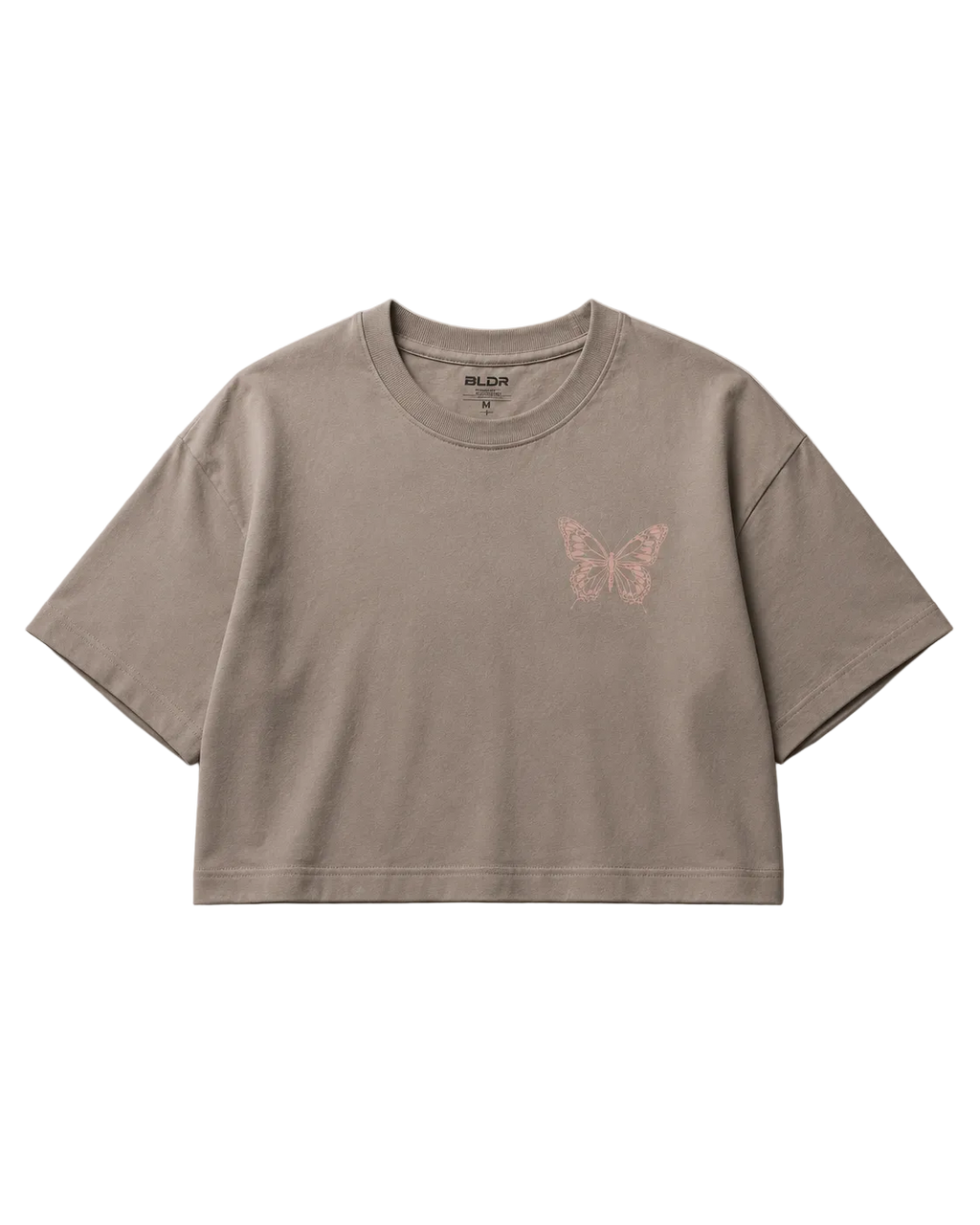 Brown crop top with a butterfly design on a gray background
