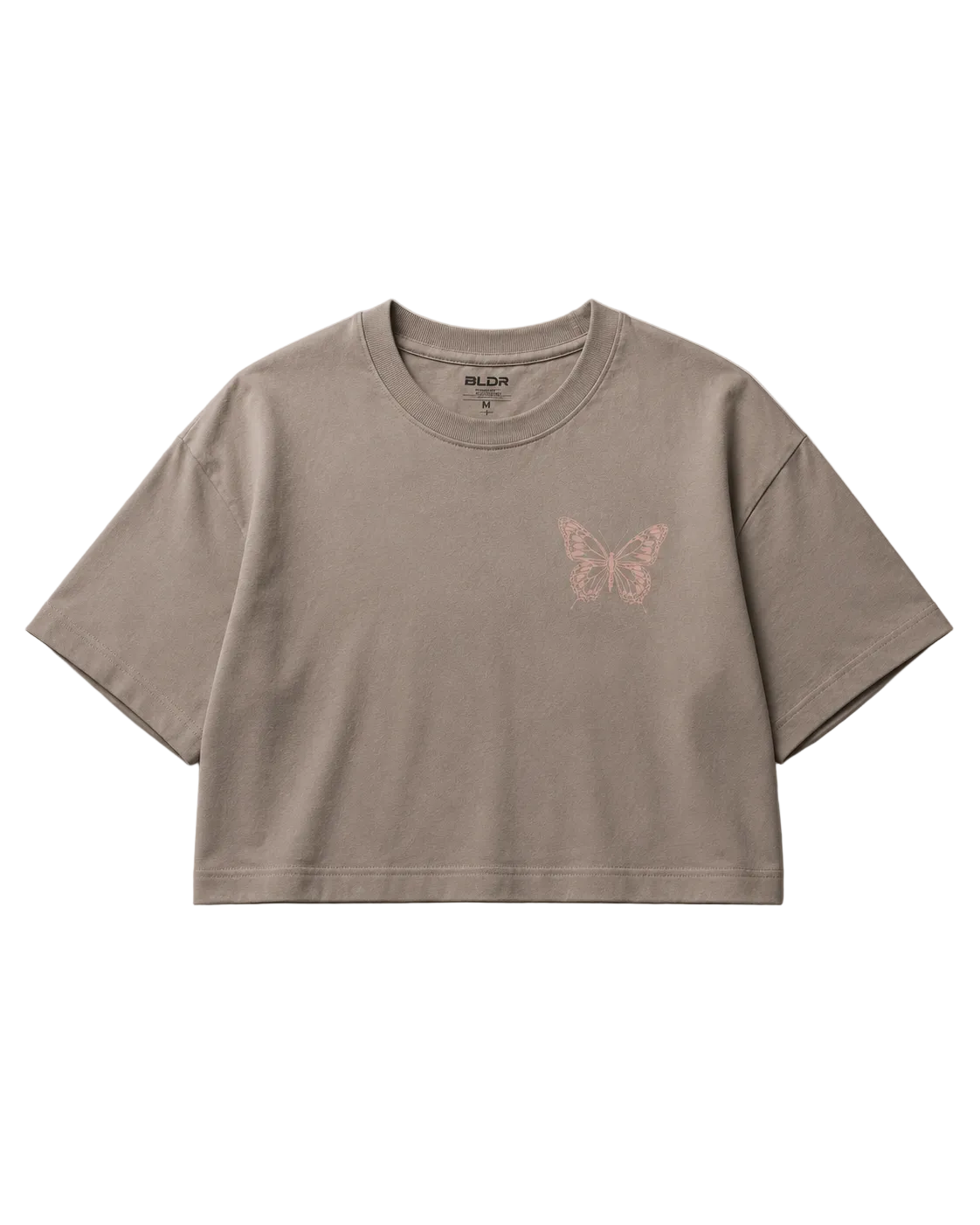 Brown crop top with a butterfly design on a gray background