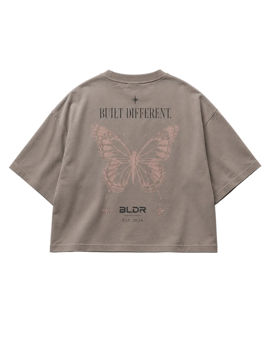 Brown t-shirt with butterfly design and text on a gray background