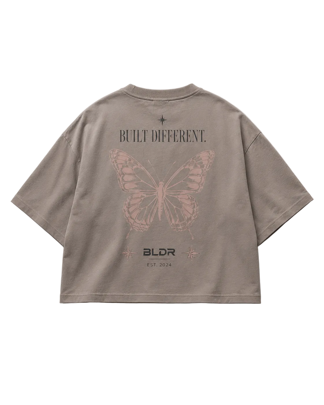 Brown t-shirt with butterfly design and text on a gray background
