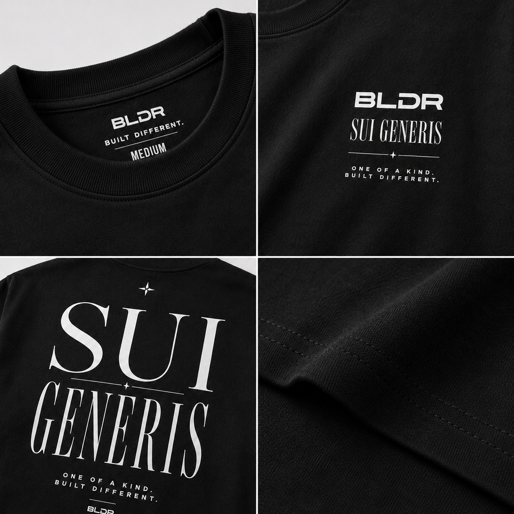 Black t-shirt with 'BLDR' and 'SUI GENERIS' text on a white background