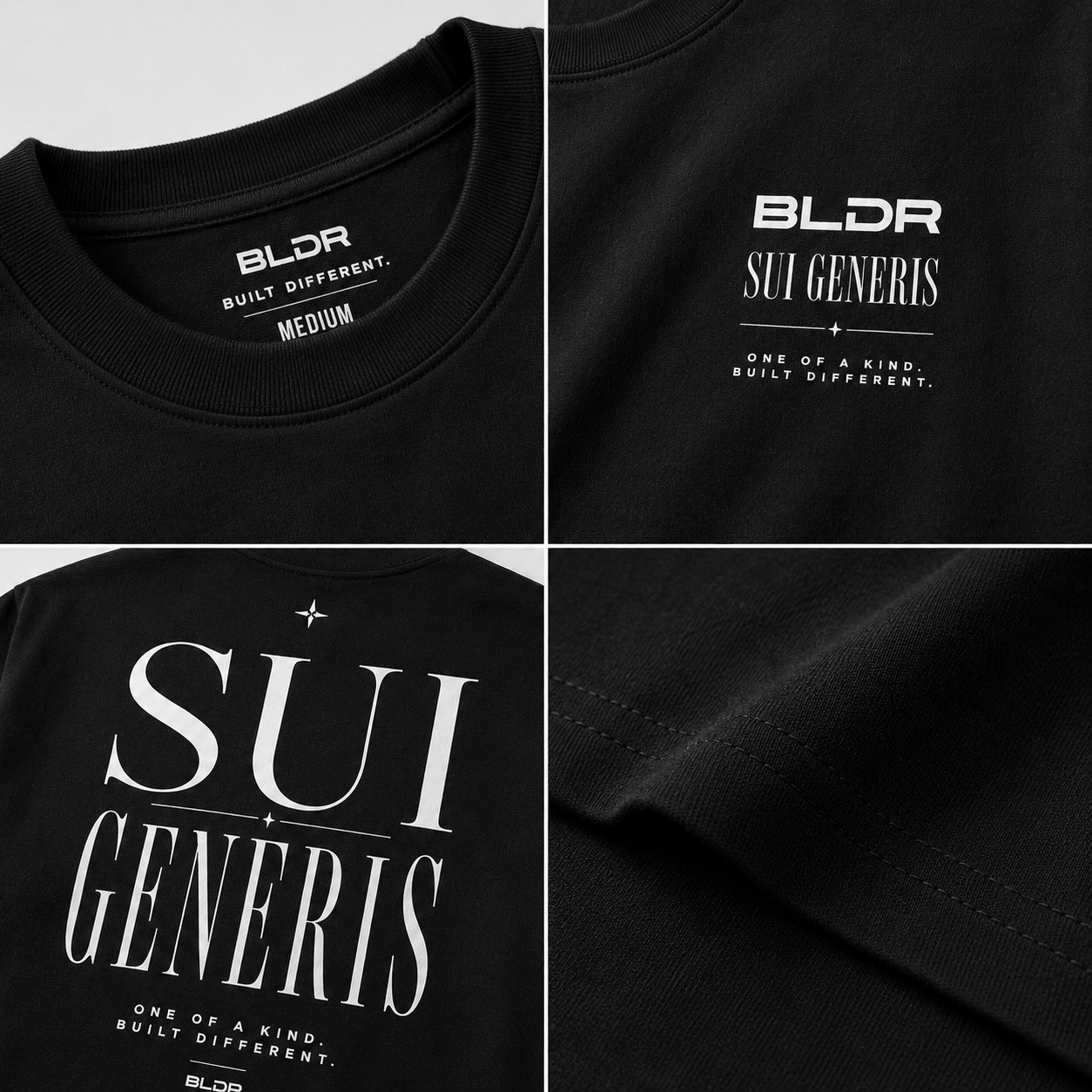 Black t-shirt with 'BLDR' and 'SUI GENERIS' text on a white background
