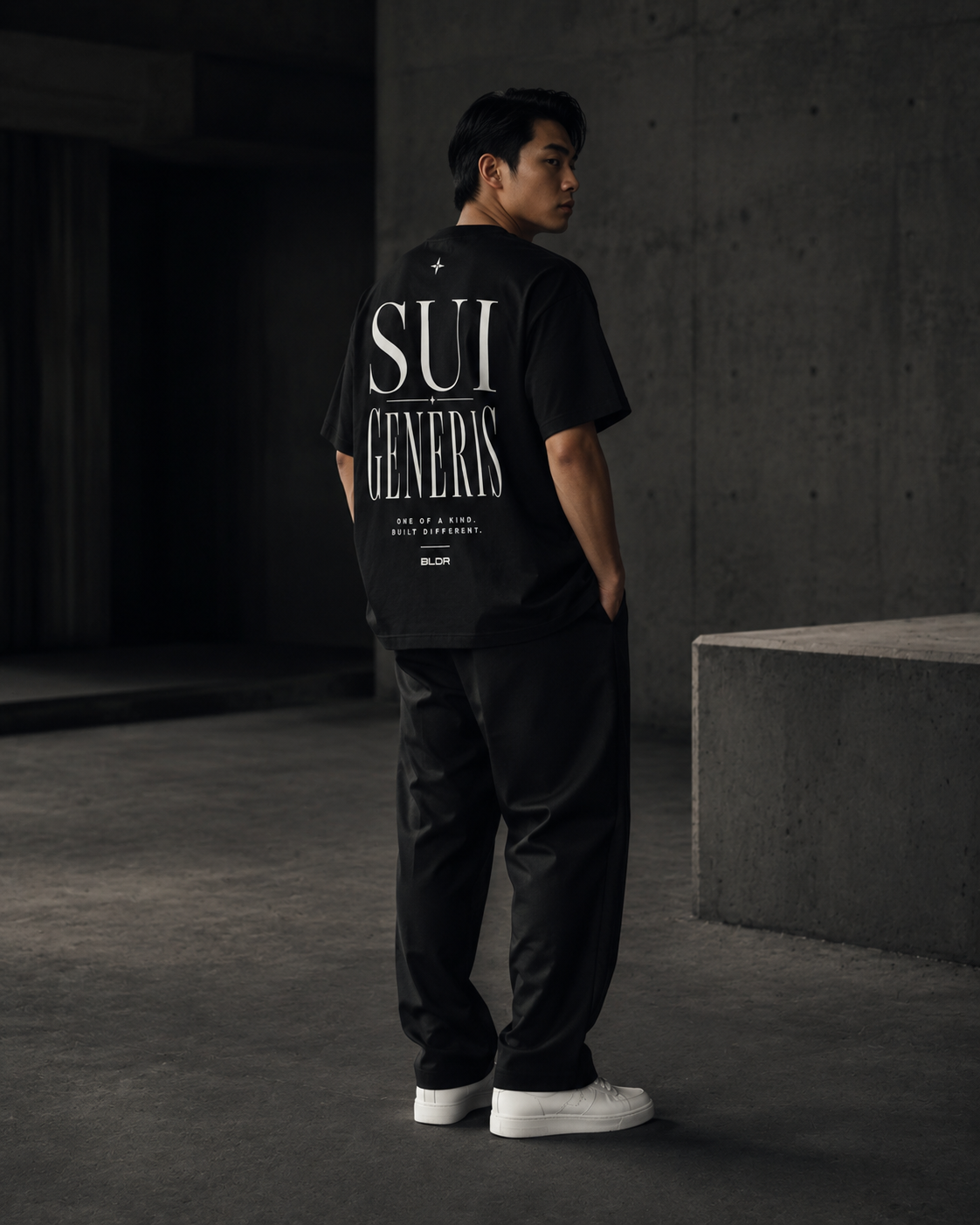 Person wearing a black t-shirt with 'SUI GENERIS' text, standing in a dark room.