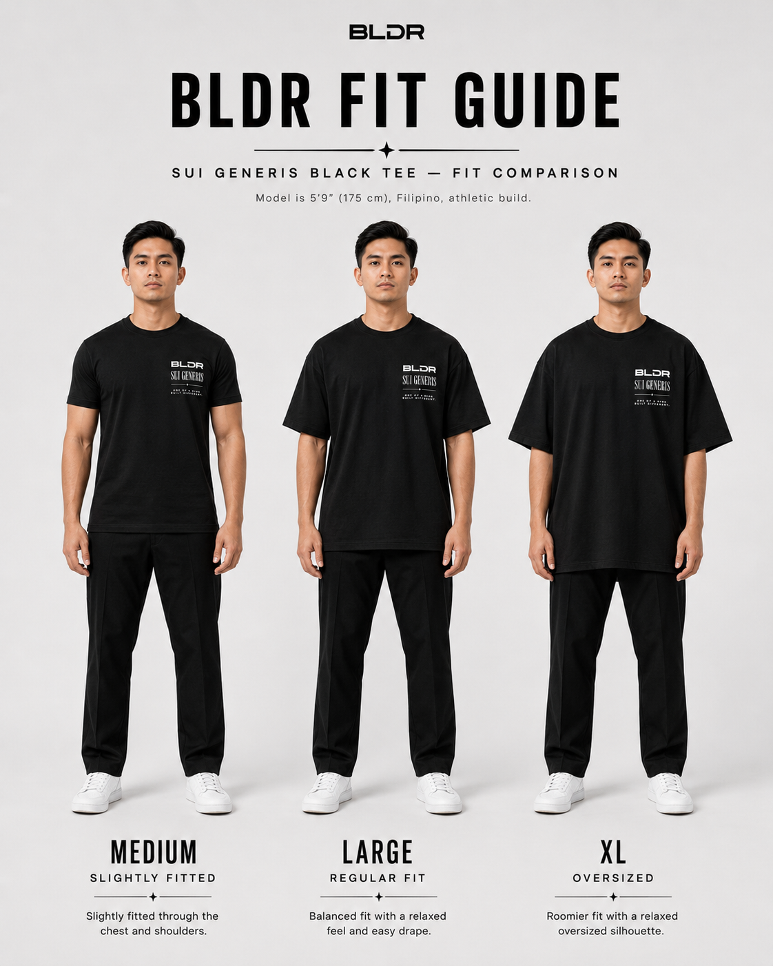 BLDR Fit Guide showing different shirt fits on a model wearing a black t-shirt and pants.