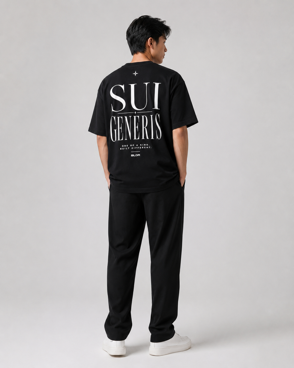 Person wearing a black 'SUI GENERIS' t-shirt and pants on a light gray background