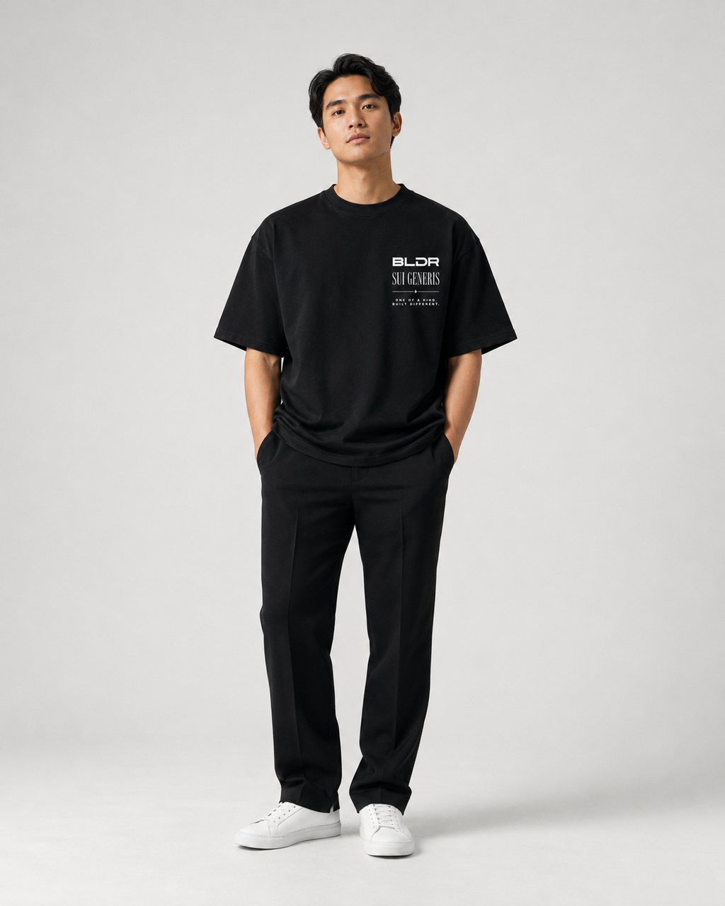 Man wearing a black t-shirt with text and black pants on a white background