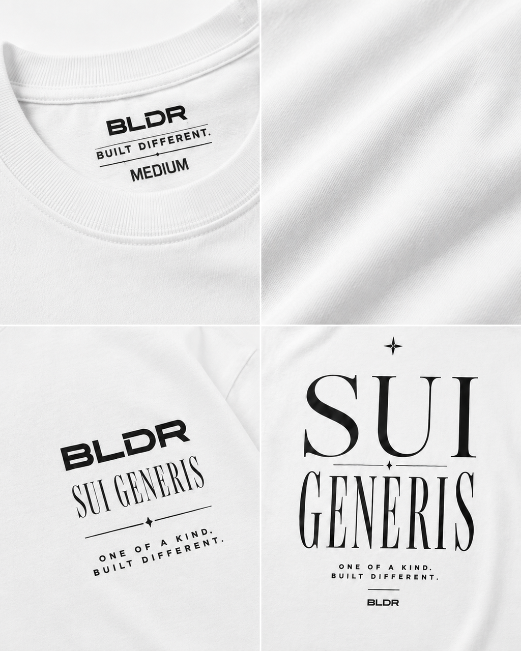 White t-shirt with black text and branding on a white background