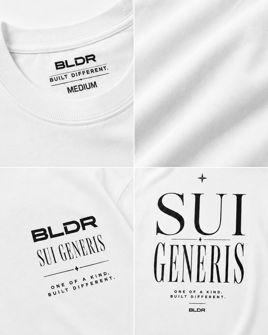 White t-shirt with black text and branding on a white background
